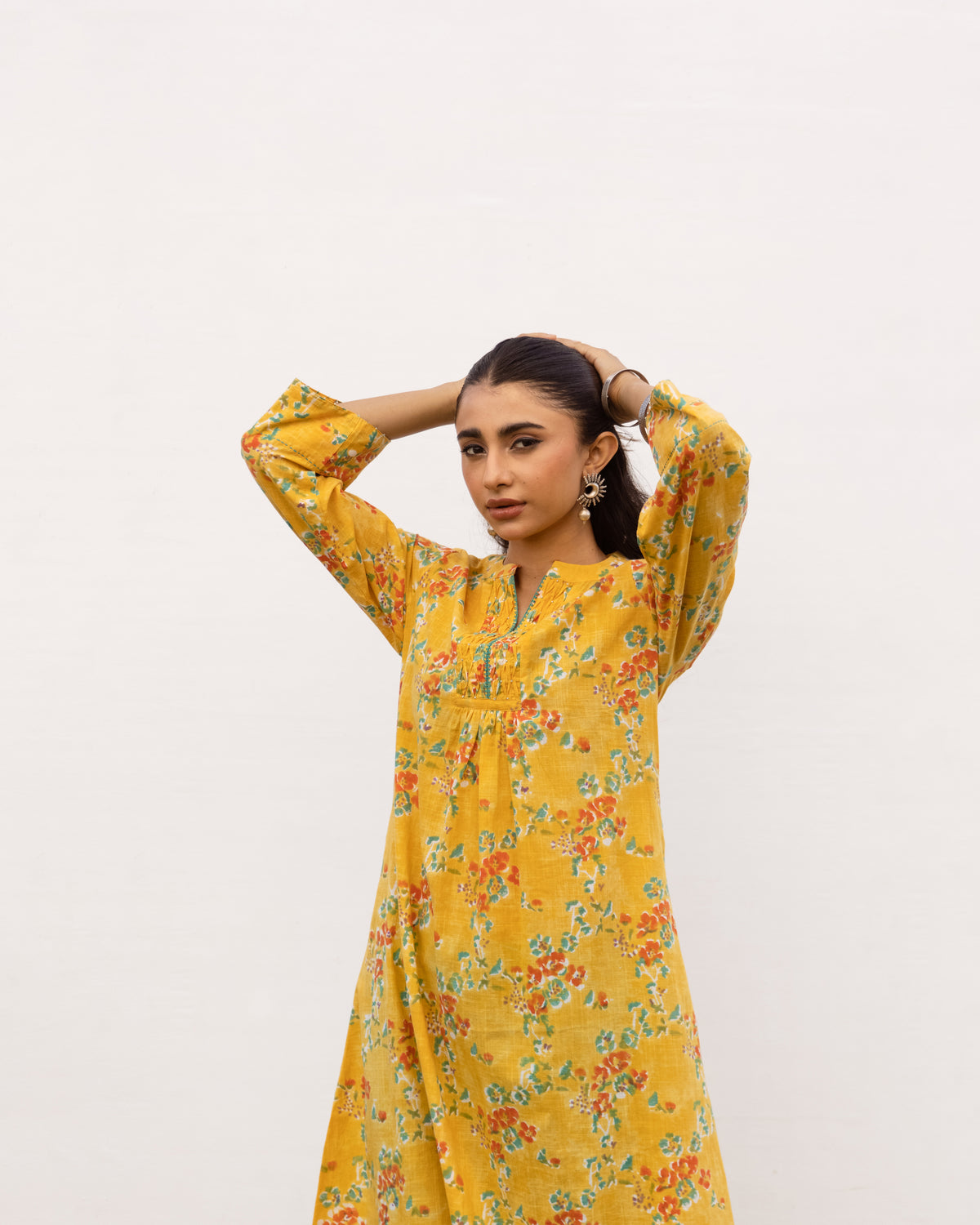 Yellow Cotton Round Neck Floral Print Kurta For Women's