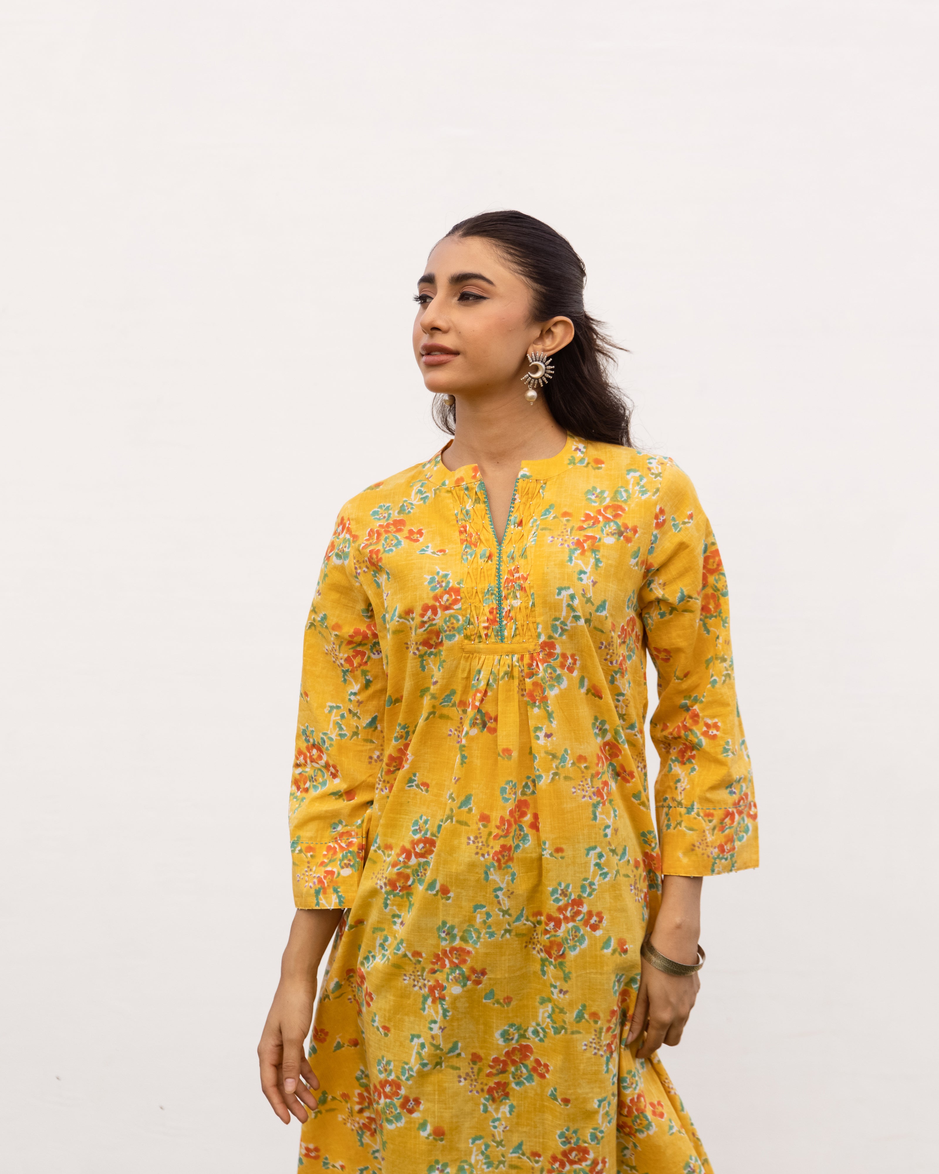 Yellow Cotton Round Neck Floral Print For Women's