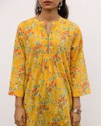 Yellow Cotton Round Neck Floral Print Kurta For Women's