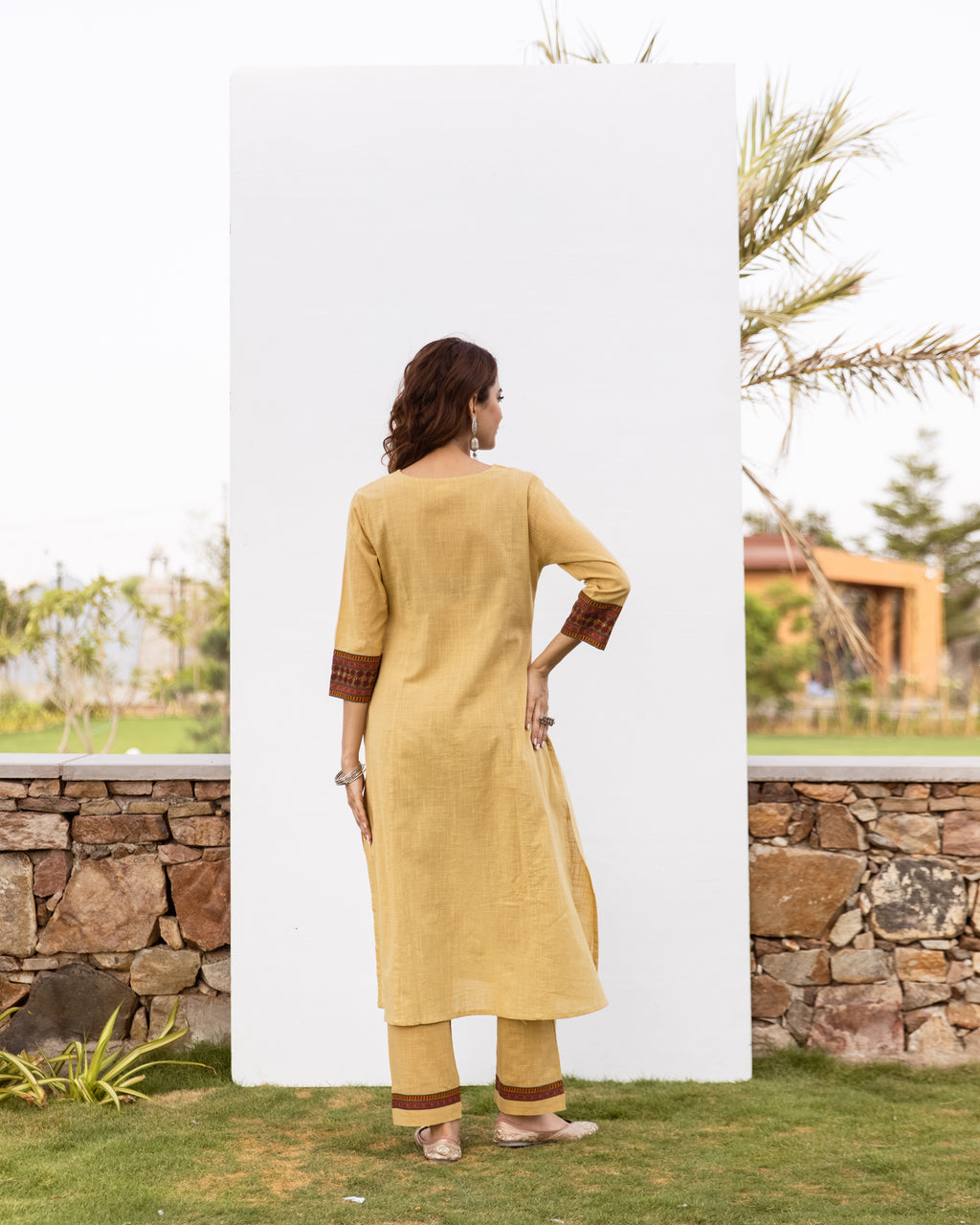 Yellow Cotton Flax Kurta Pant Set For Women's