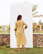 Yellow Cotton Flax Kurta Pant Set For Women's