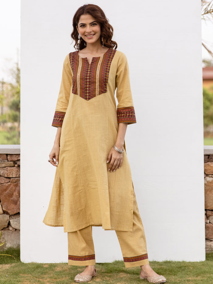Yellow Cotton Flax Kurta Pant Set For Women's