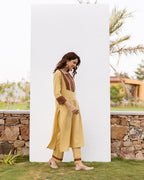 Yellow Cotton Flax Kurta Pant Set For Women's