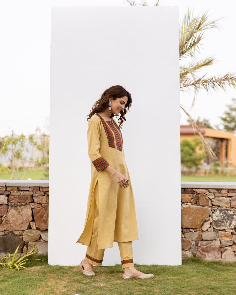 Yellow Cotton Flax Kurta Pant Set For Women's