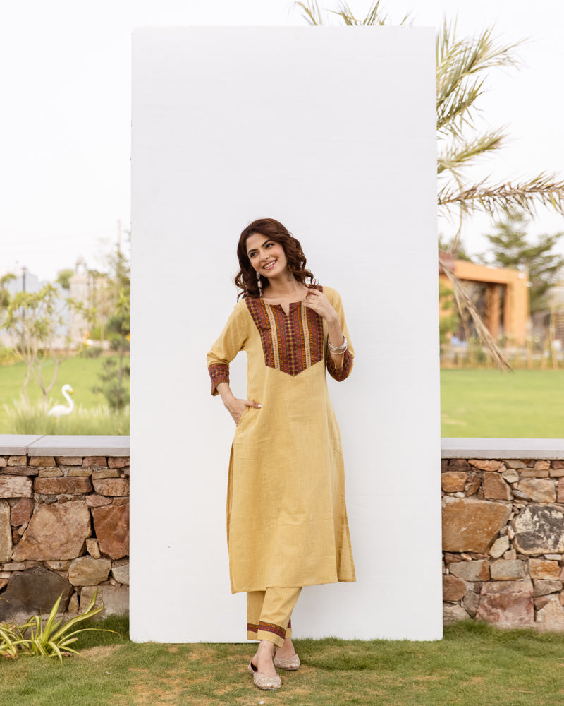 Yellow Cotton Flax Kurta Pant Set For Women's