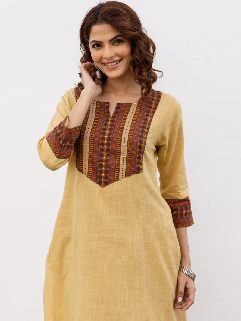 Yellow Cotton Flax Kurta Pant Set For Women's