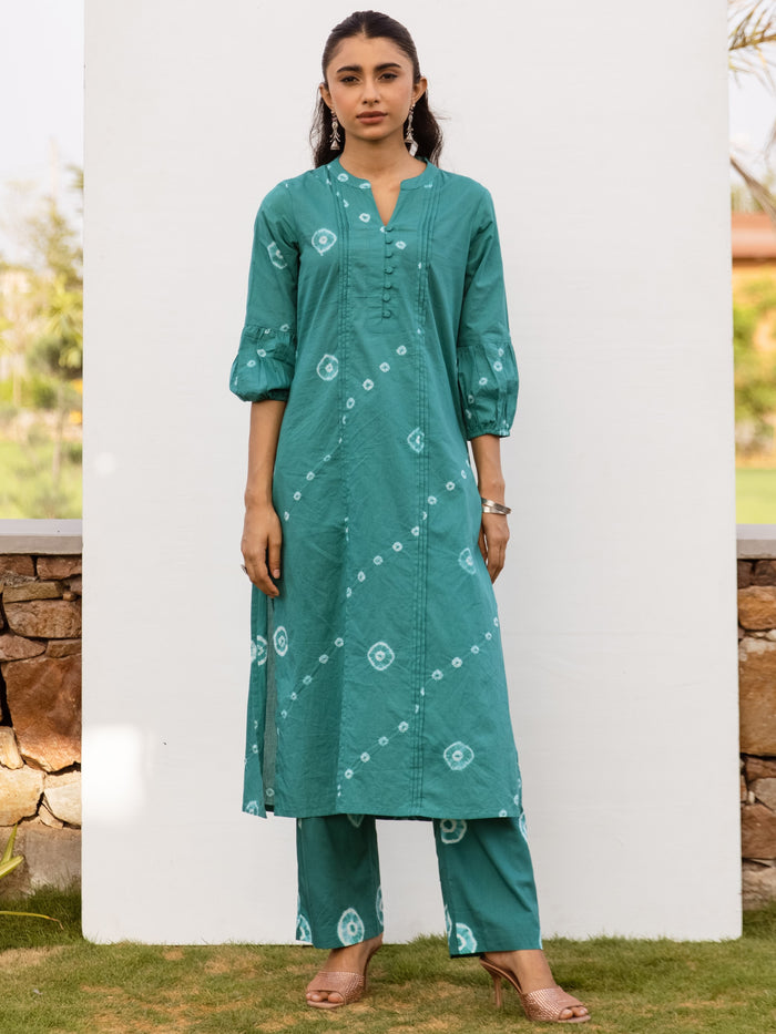 Green Cotton Hand Done Bandhani Kurta Pant Set For Women's