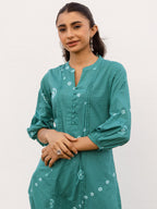 Green Cotton Hand Done Bandhani Kurta Pant Set For Women's