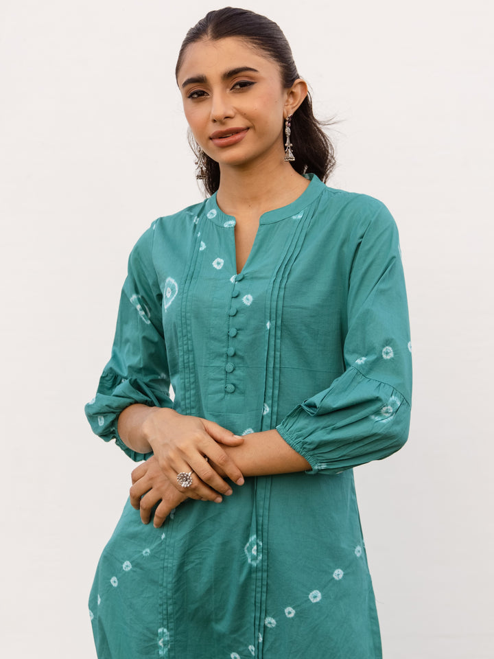 Green Cotton Hand Done Bandhani Kurta Pant Set For Women's