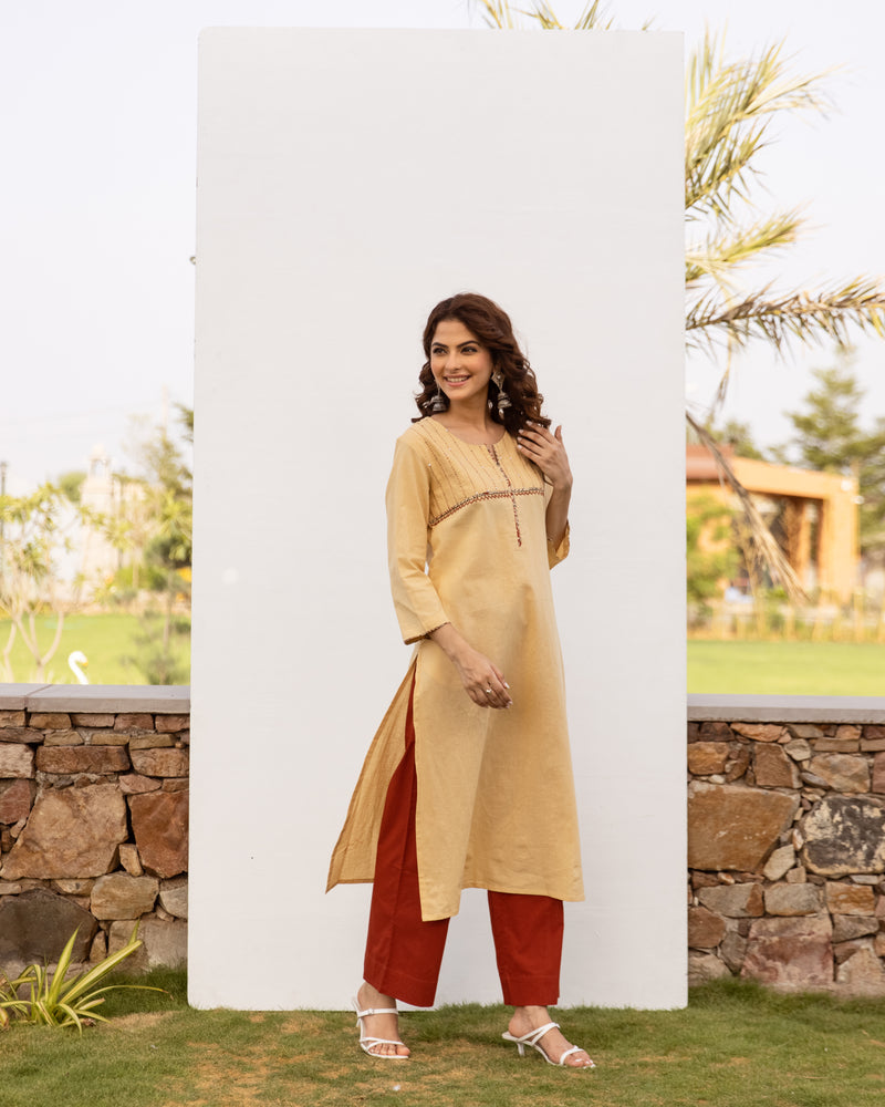 Beige Cotton Flax Kurta For Women's