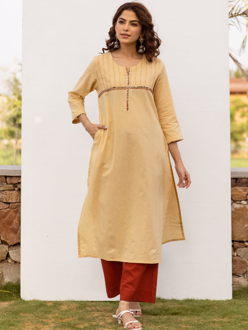 Beige Cotton Flax Kurta For Women's