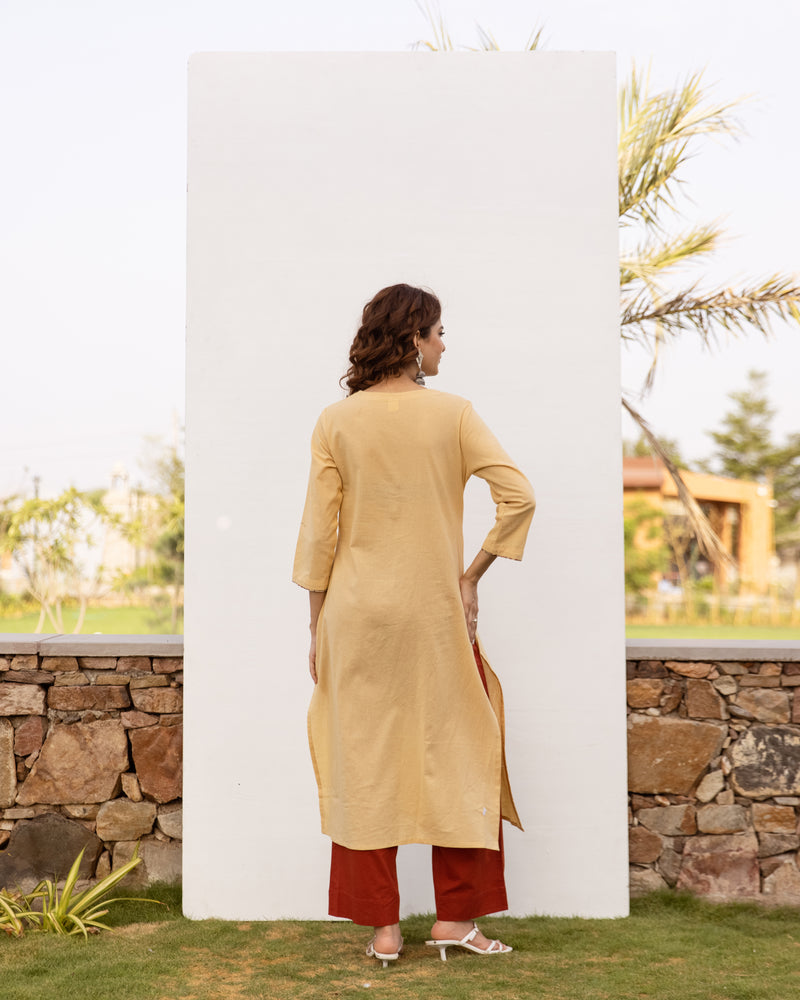 Beige Cotton Flax Kurta For Women's