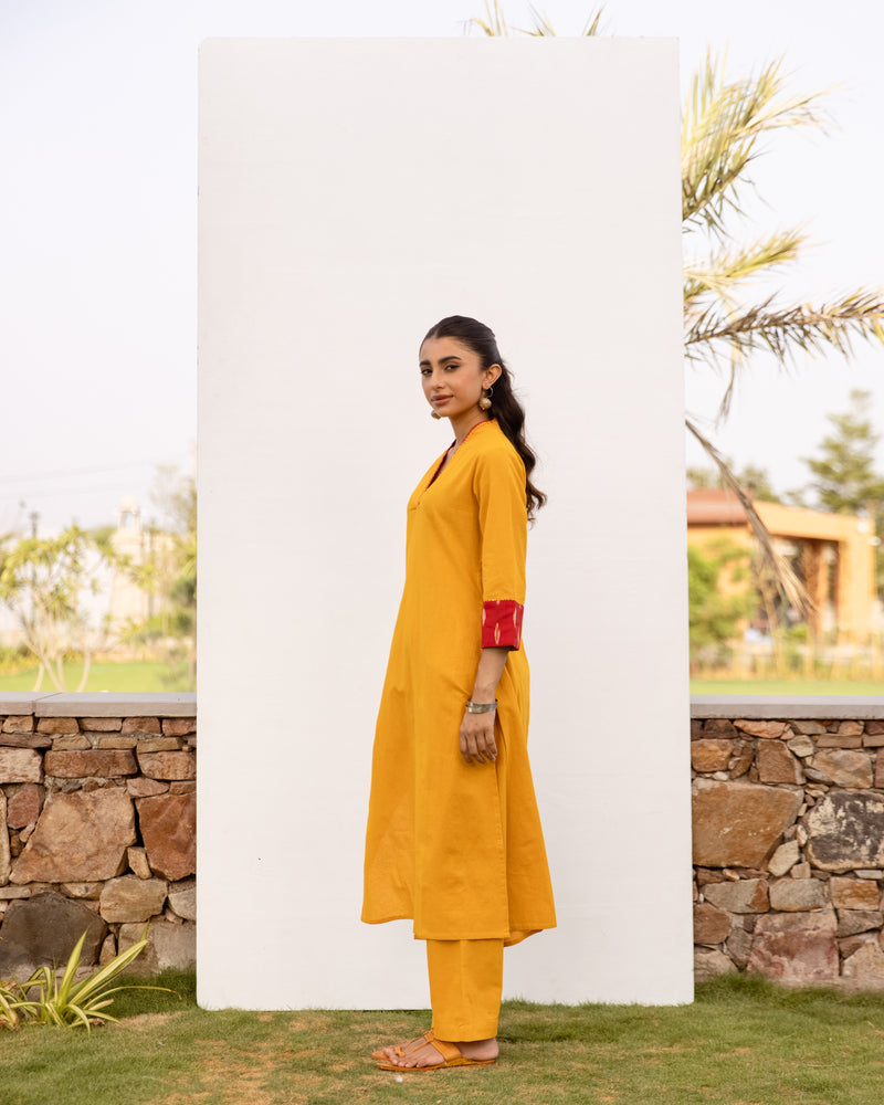 Mustard Cotton Flax Kurta Pant Set For Women's