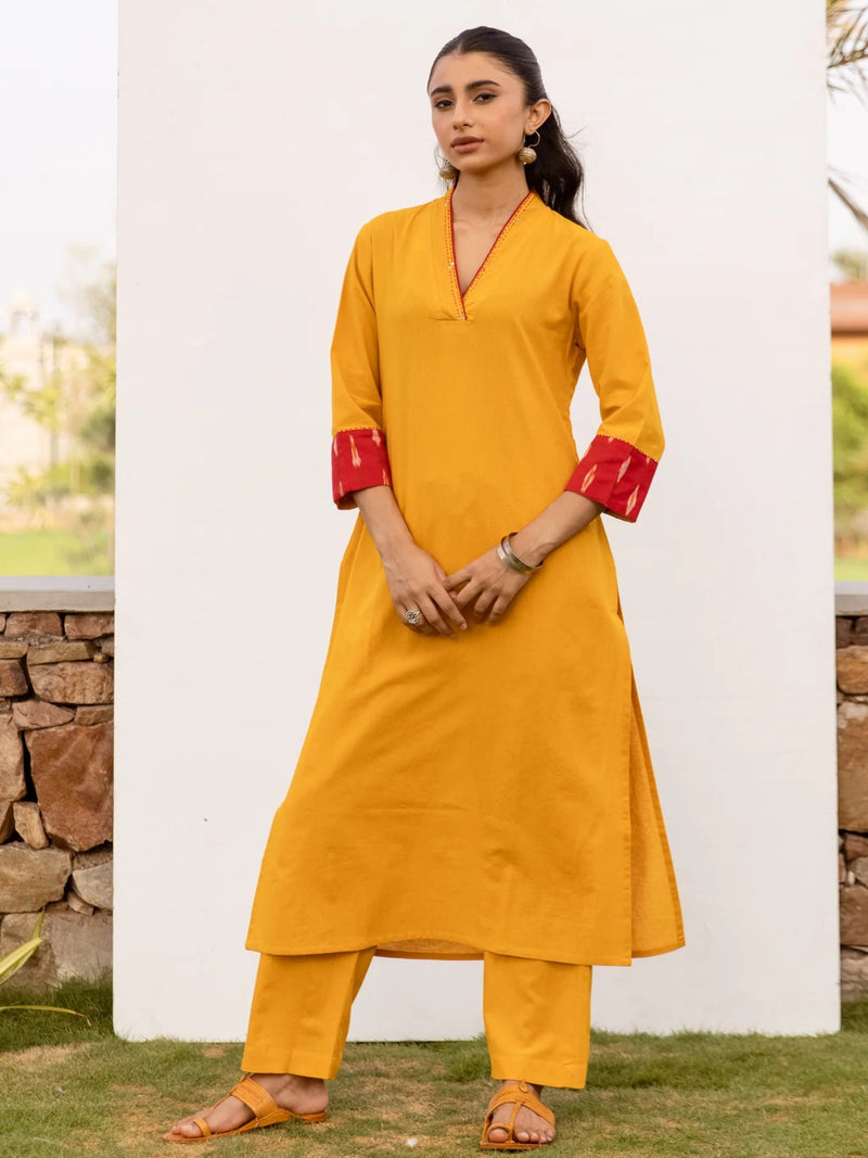 Mustard Cotton Flax Kurta Pant Set For Women's