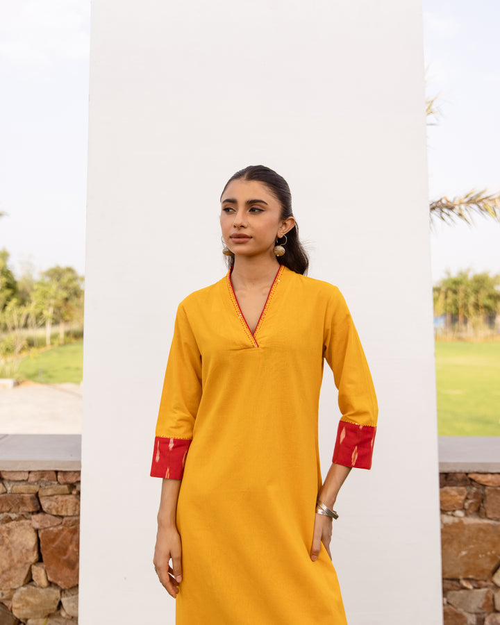 Mustard Cotton Flax Kurta Pant Set For Women's