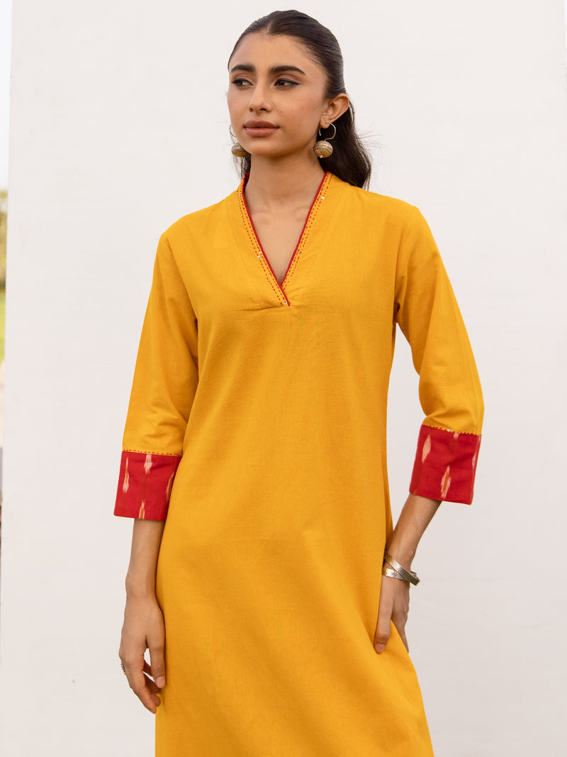 Mustard Cotton Flax Kurta Pant Set For Women's