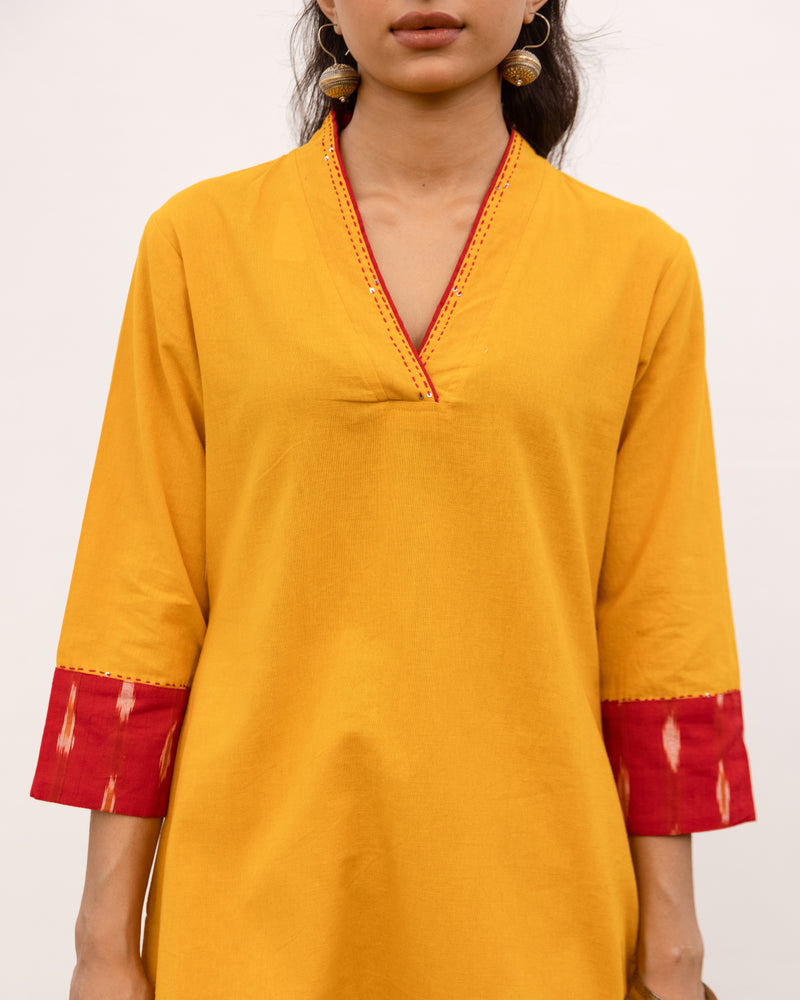 Mustard Cotton Flax Kurta Pant Set For Women's