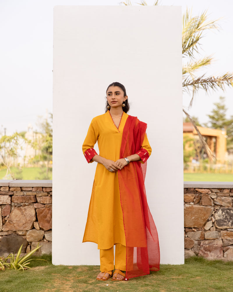 Mustard Cotton Flax Kurta Pant Set For Women's