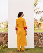 Mustard Cotton Flax Kurta Pant Set For Women's