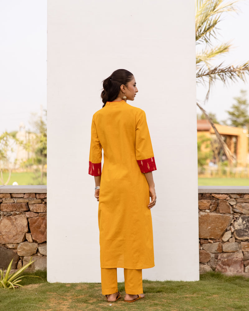 Mustard Cotton Flax Kurta Pant Set For Women's