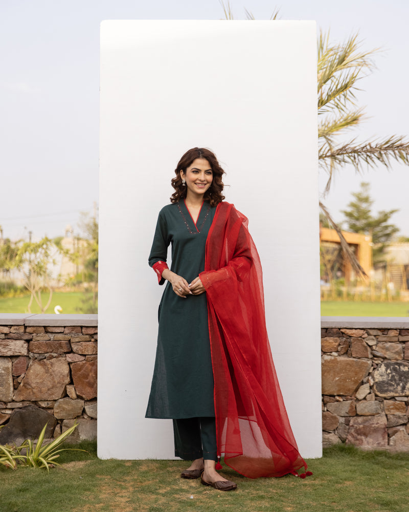 Green Cotton Flax Kurta Pant Set For Women's