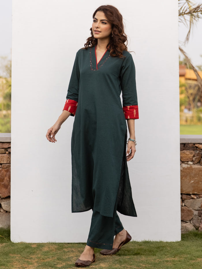 Green Cotton Flax Kurta Pant Set For Women's