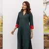 Green Cotton Flax Kurta Pant Set For Women's