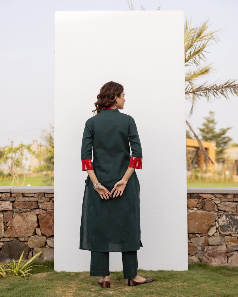 Green Cotton Flax Kurta Pant Set For Women's