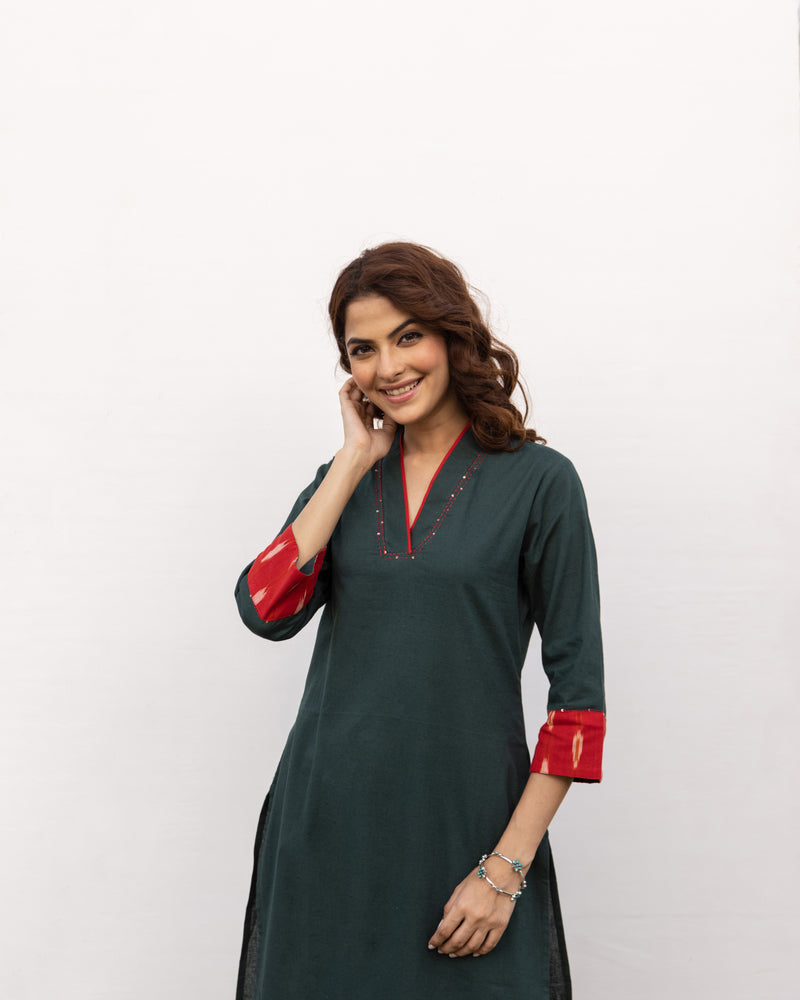 Green Cotton Flax Kurta Pant Set For Women's
