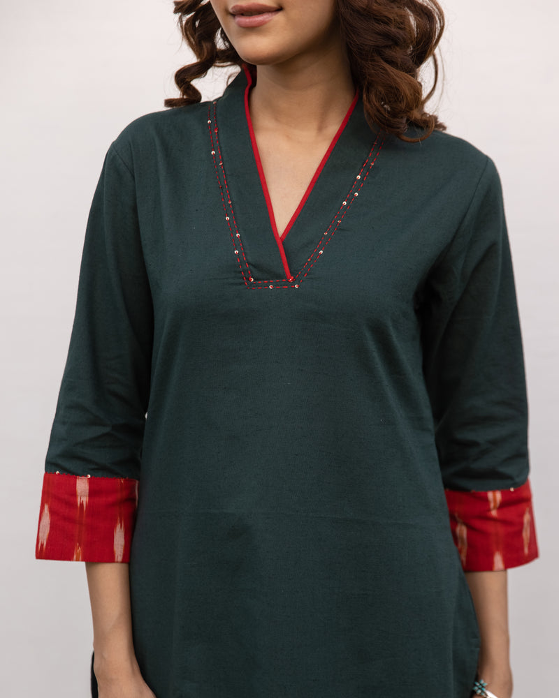 Green Cotton Flax Kurta Pant Set For Women's