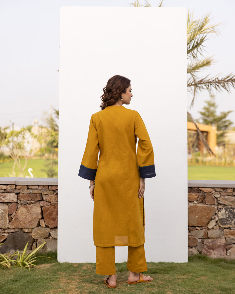 Mustard Cotton Linen Kurta Pant Set For Women's