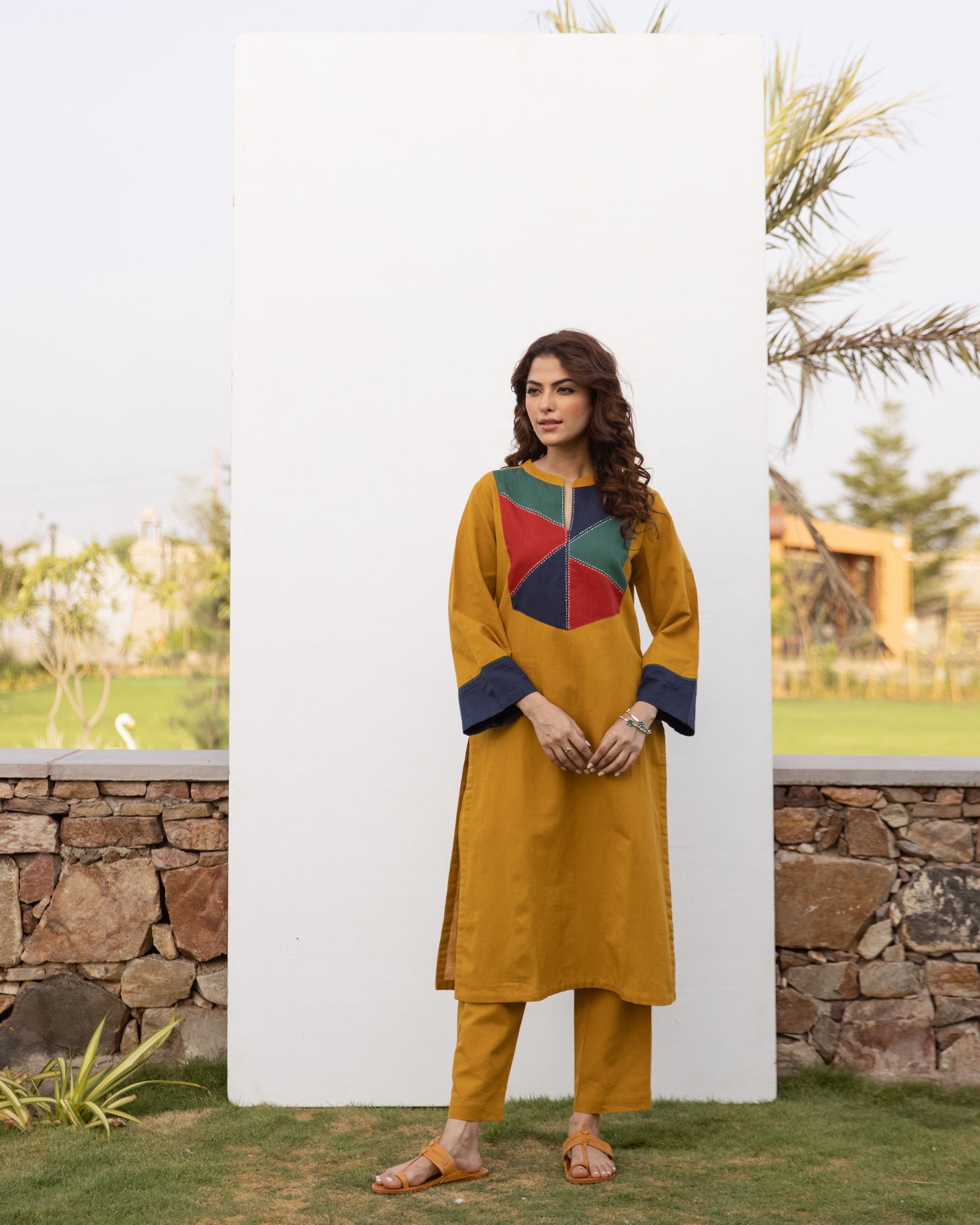 Mustard Cotton Linen Kurta Pant Set For Women's