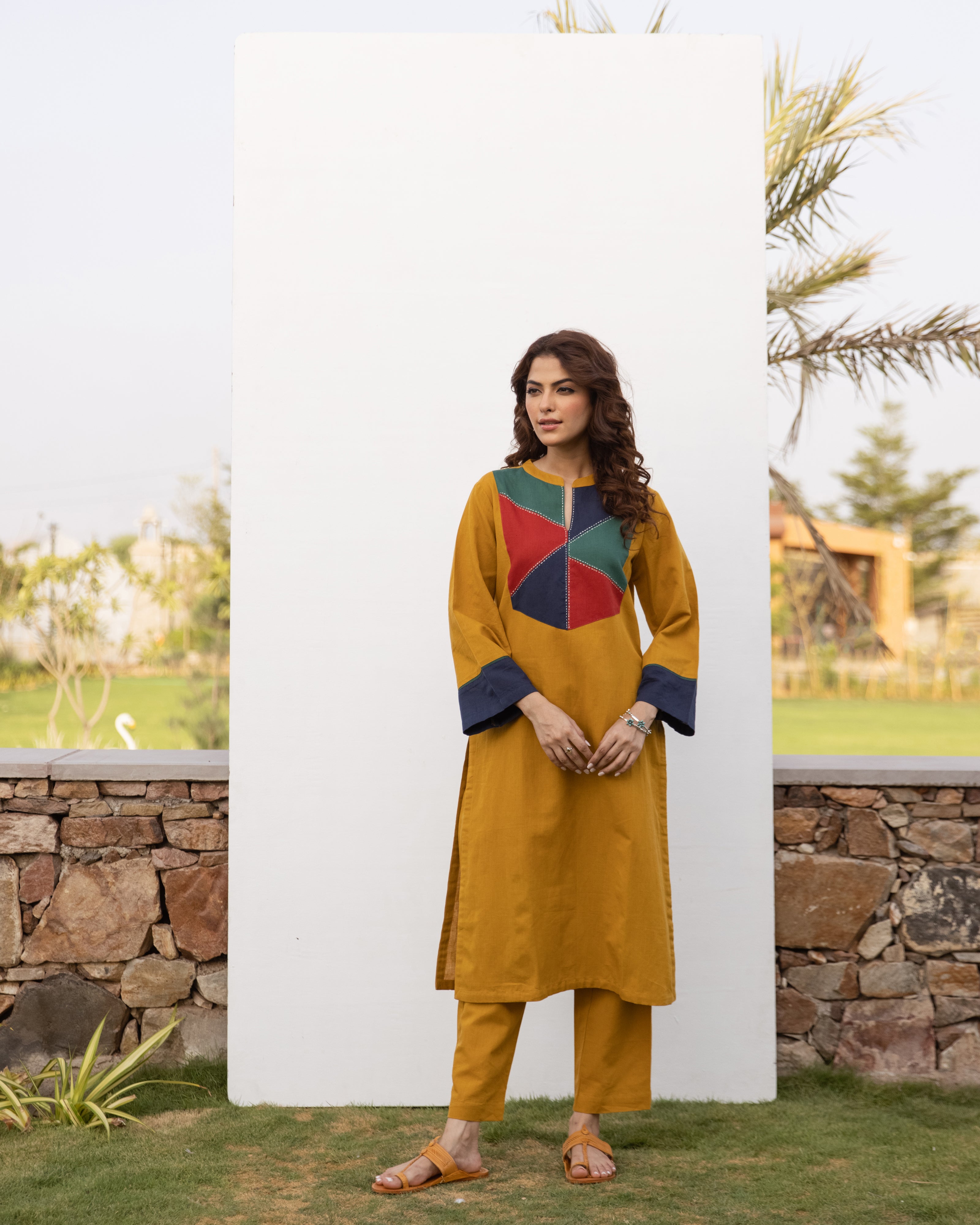 Mustard Cotton Linen Kurta Pant Set For Women's