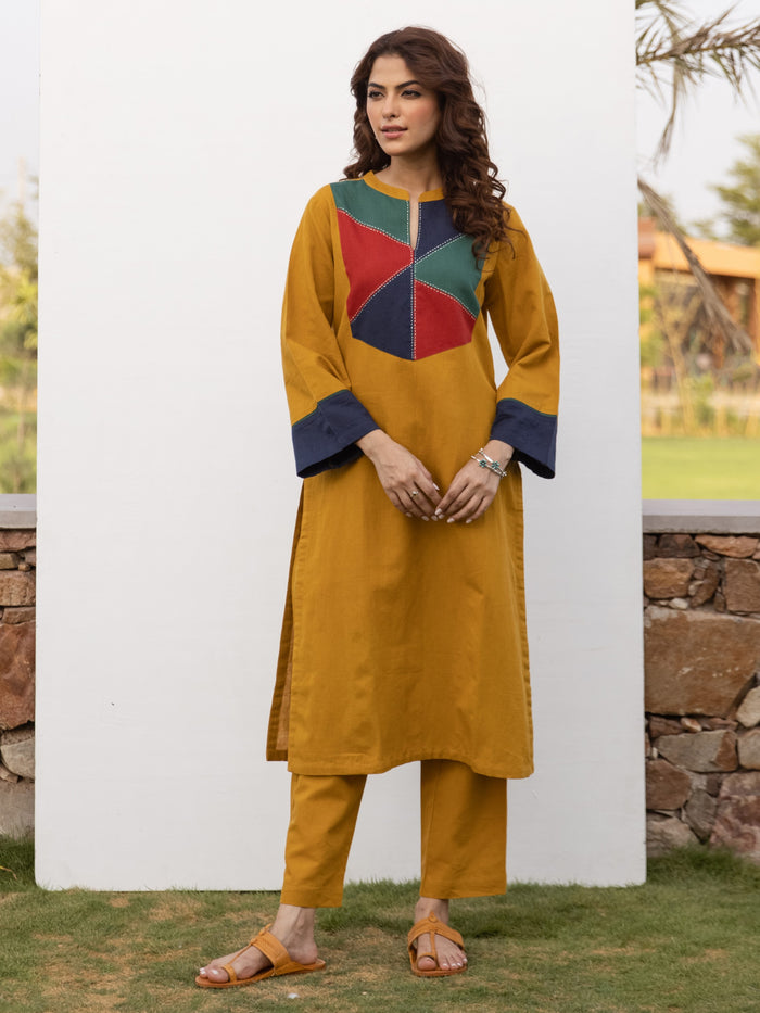 Mustard Cotton Linen Kurta Pant Set For Women's