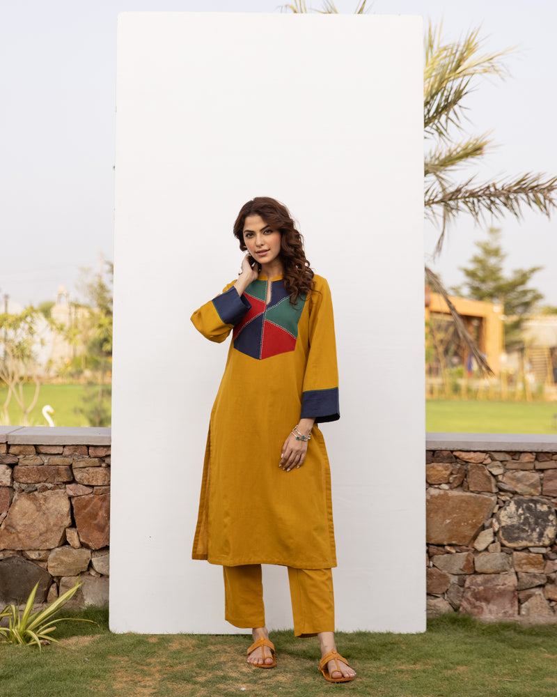 Mustard Cotton Linen Kurta Pant Set For Women's
