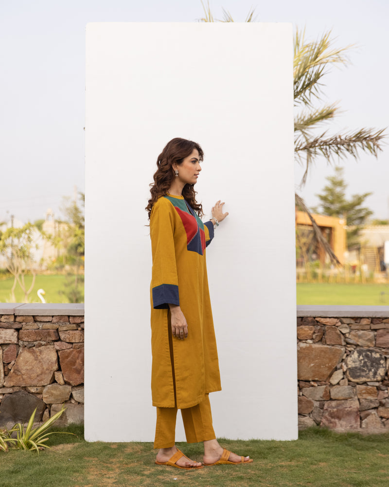 Mustard Cotton Linen Kurta Pant Set For Women's