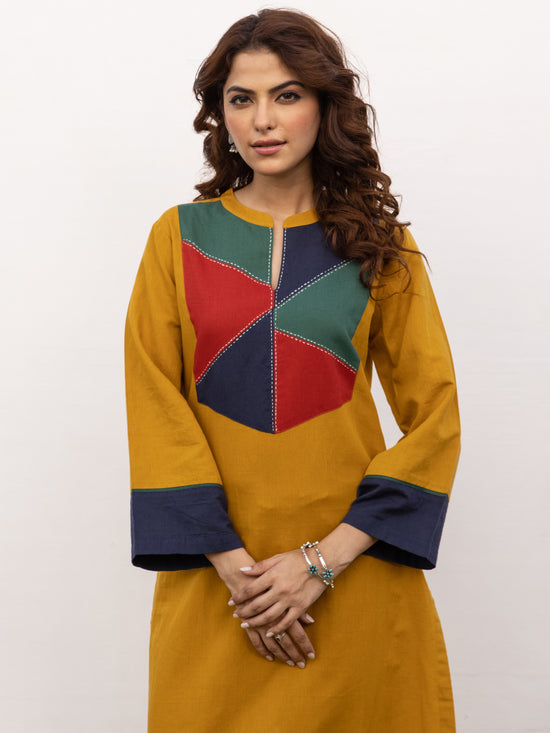 Mustard Cotton Linen Kurta Pant Set For Women's