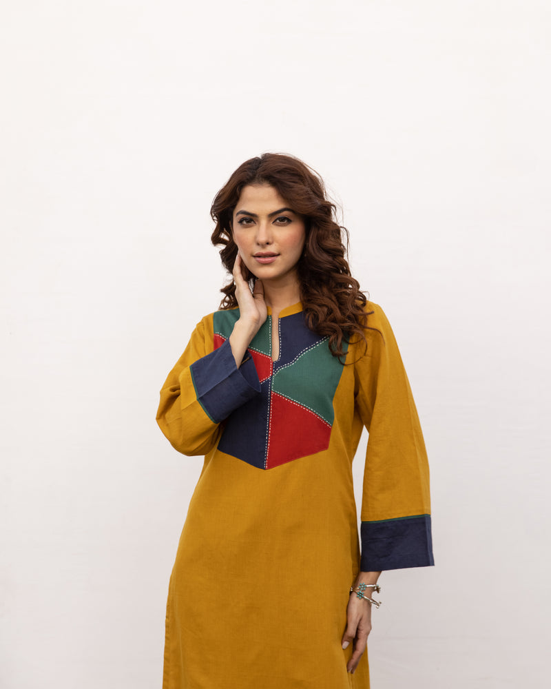 Mustard Cotton Linen Kurta Pant Set For Women's