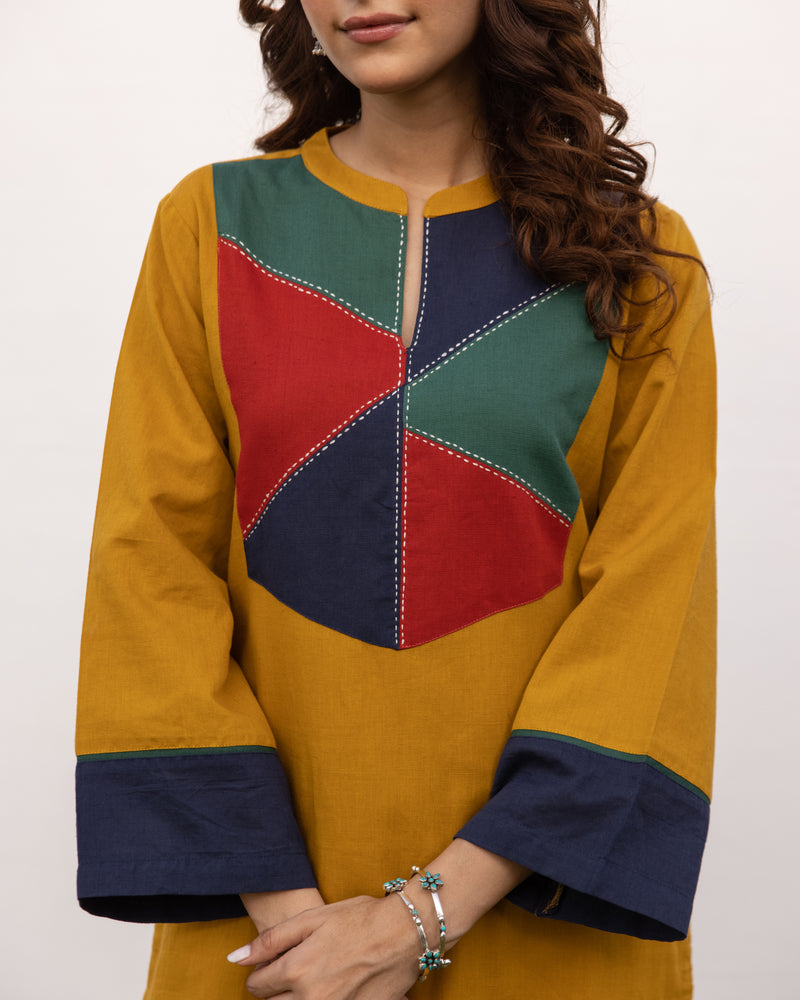 Mustard Cotton Linen Kurta Pant Set For Women's