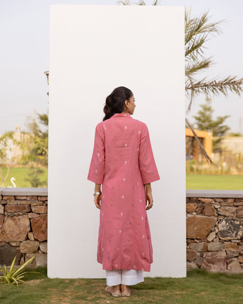 Rose pink Cotton Handloom Round Neck Kurta For Women's