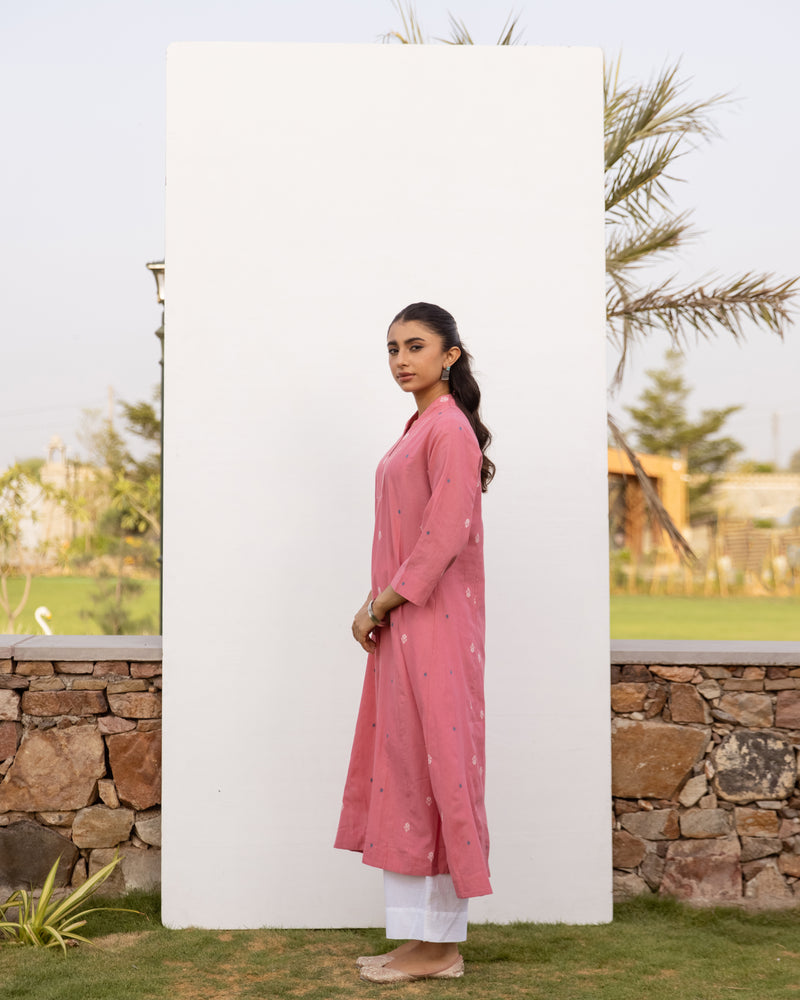 Rose pink Cotton Handloom Round Neck Kurta For Women's