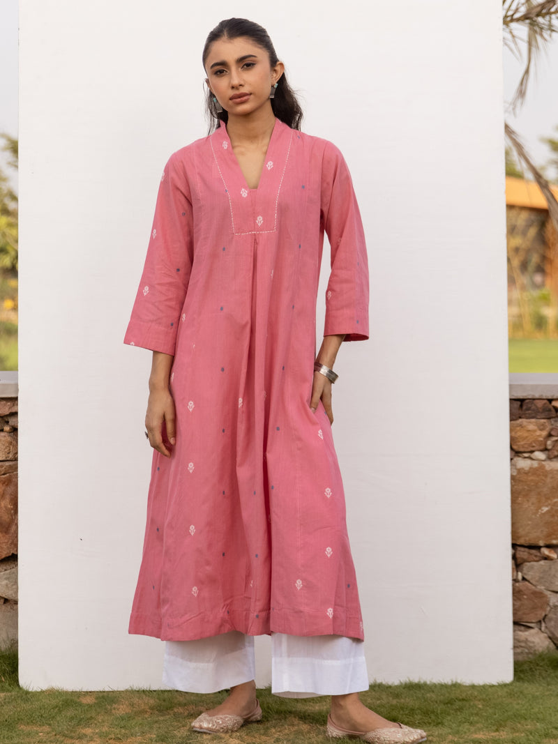 Rose pink Cotton Handloom Round Neck Kurta For Women's