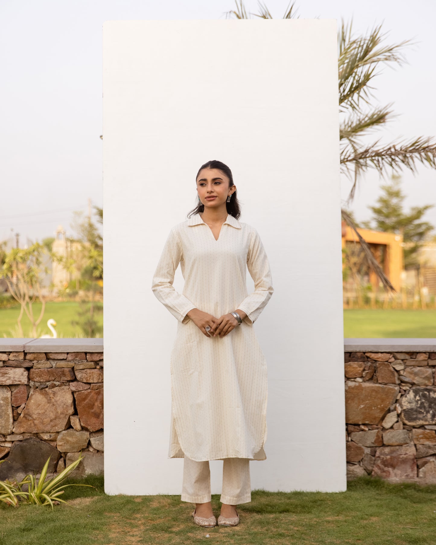 Off White Cotton Handloom Kurta Pant Set For Women's