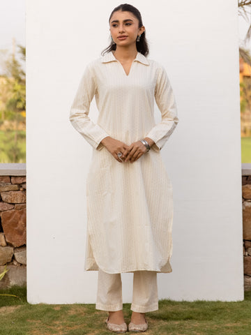 Off White Cotton Handloom Kurta Pant Set For Women's