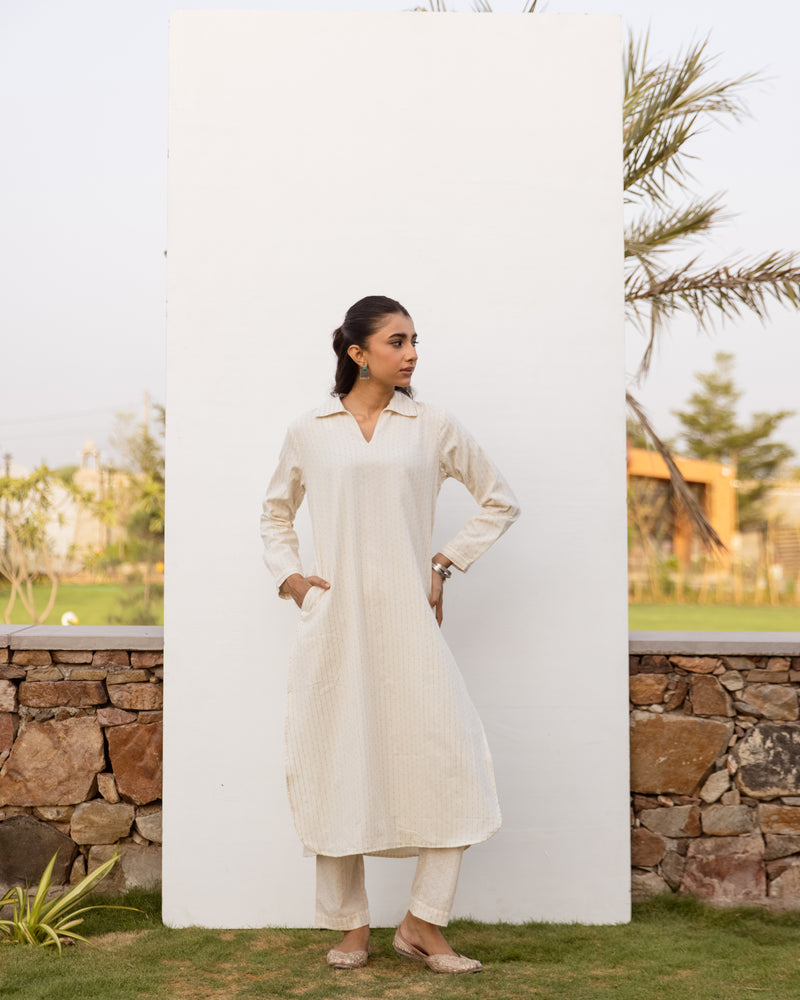 Off White Cotton Handloom Kurta Pant Set For Women's