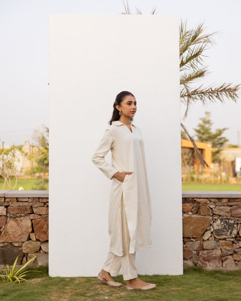Off White Cotton Handloom Kurta Pant Set For Women's