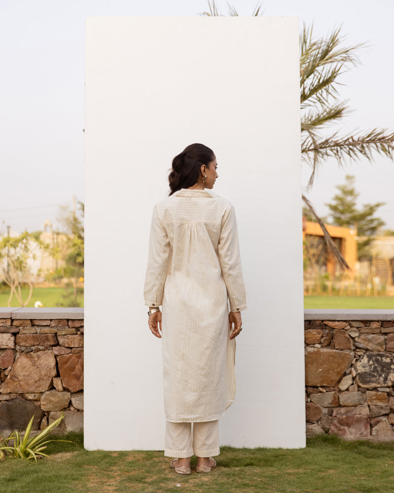 Off White Cotton Handloom Kurta Pant Set For Women's