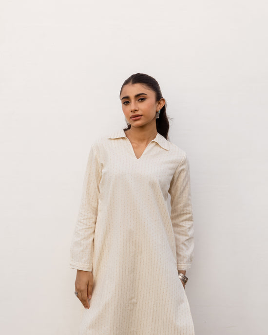 Off White Cotton Handloom Kurta Pant Set For Women's