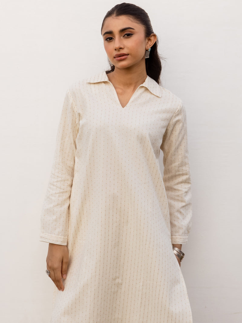 Off White Cotton Handloom Kurta Pant Set For Women's