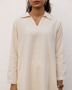 Off White Cotton Handloom Kurta Pant Set For Women's